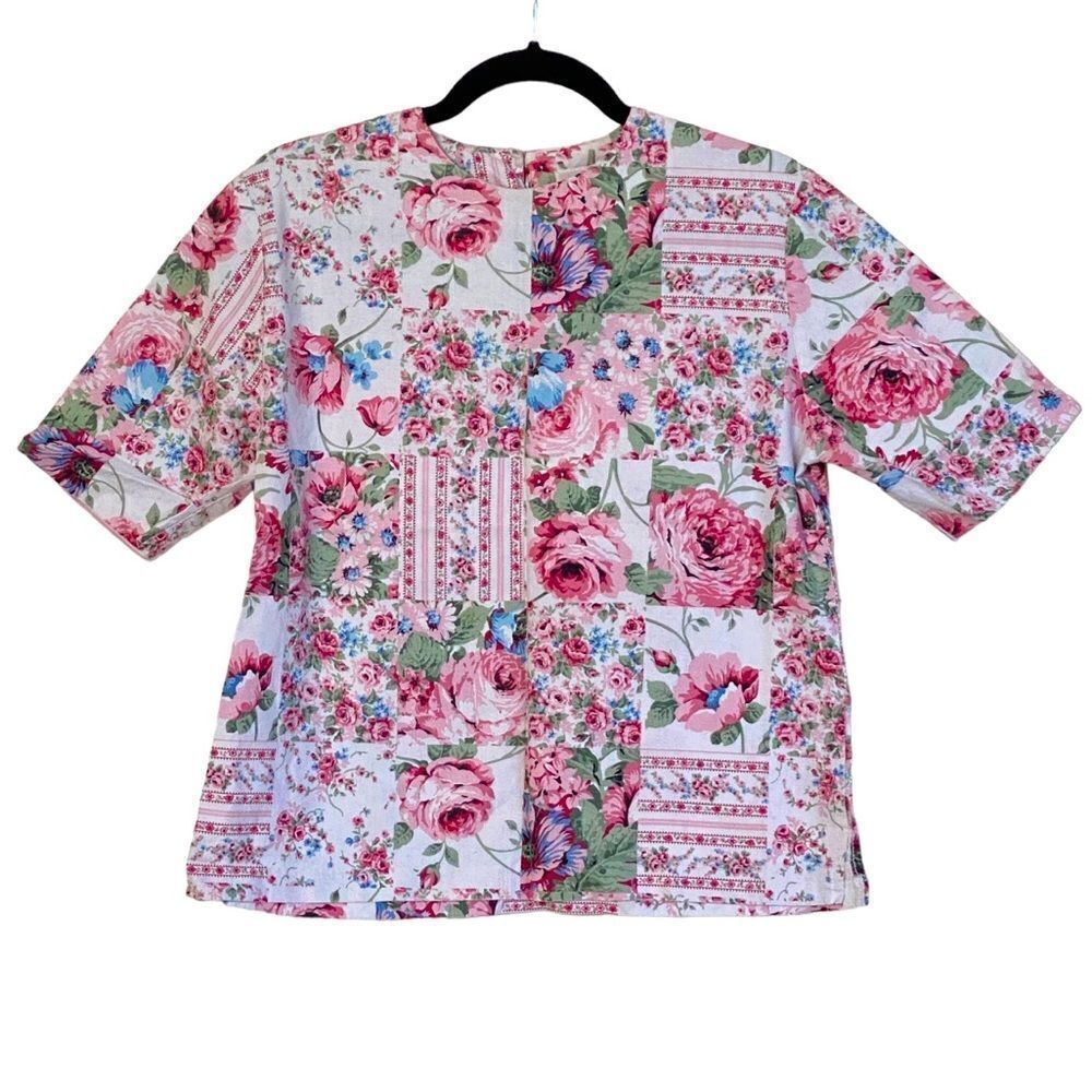 Vintage 80s Tumbleweeds Short Sleeve Rose Floral Patchwork Top Sz S